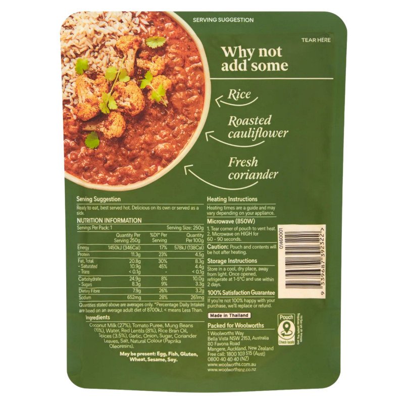 [Expiry Date: 17/05/2026] Woolworths Indian Style Creamy Dahl 250g