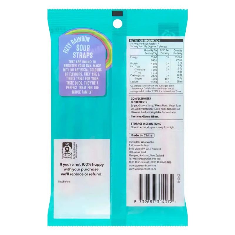 [Expiry Date: 17/10/2026] Woolworths Sour Straps Fizzy Rainbow 170g
