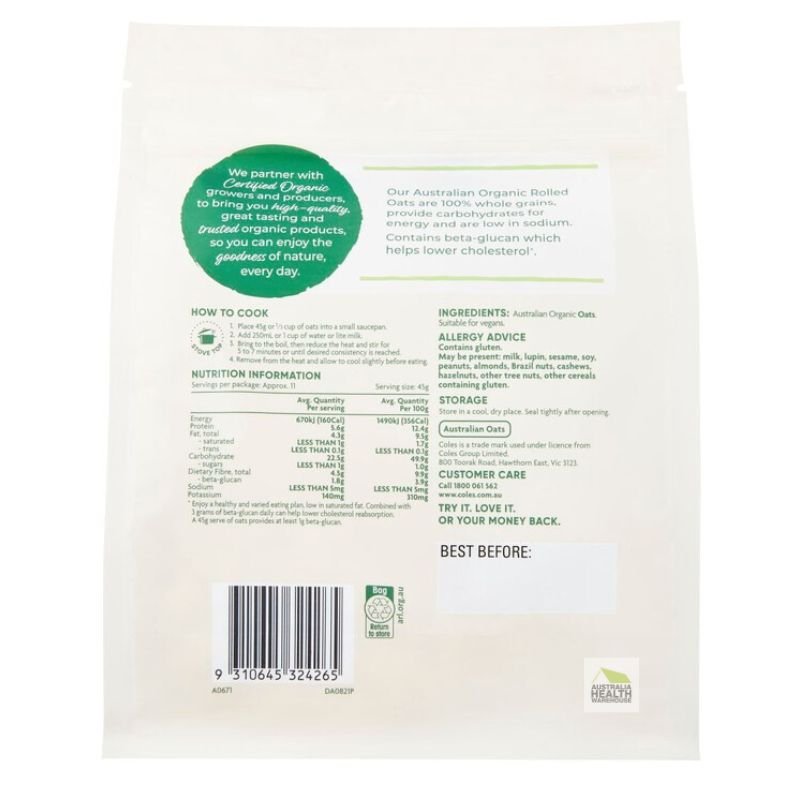 [Expiry: 23/09/2026] Coles Australian Organic Rolled Oats 500g