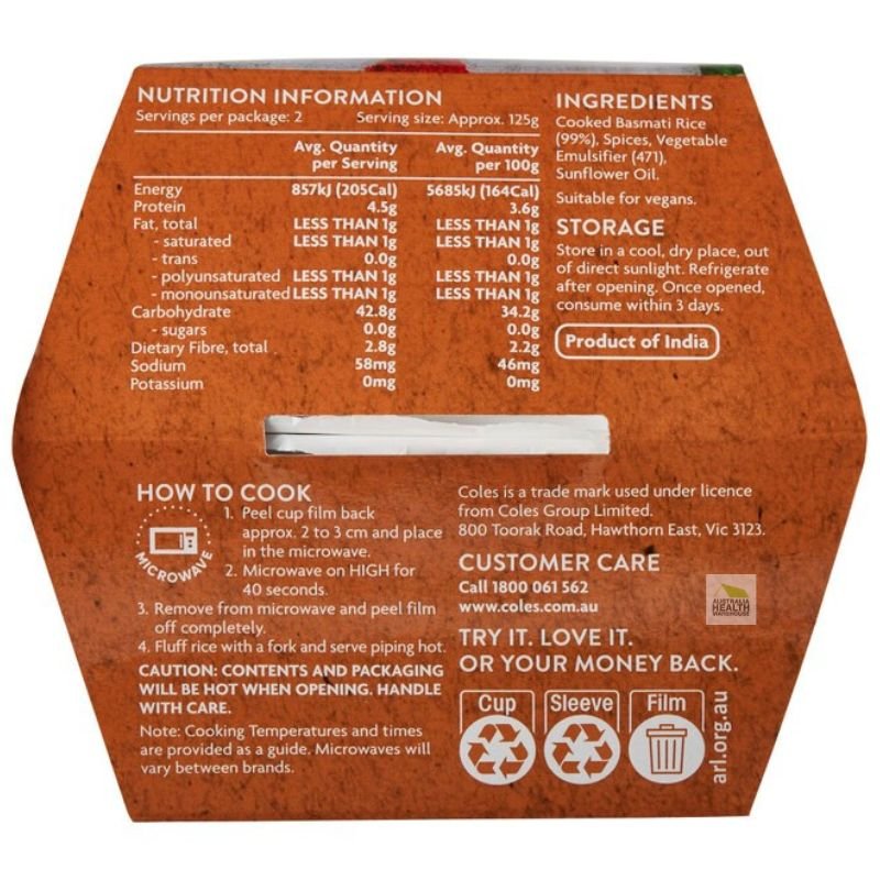 [CLEARANCE Expiry: 28/08/2025] Coles Aromatic Basmati Microwave Rice Cups (2 x 125g) 250g