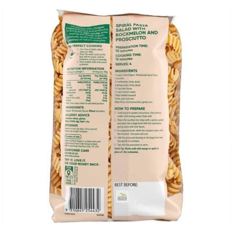 Coles Organic Wholemeal Spirals 500g