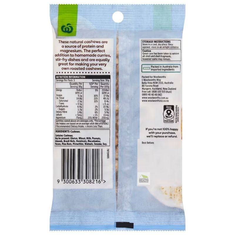 [CLEARANCE Expiry Date: 13/08/2026] Woolworths Cashews 150g