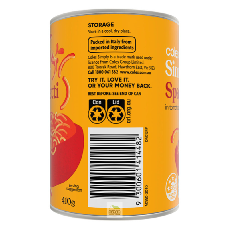 [Expiry Date: 03/06/2027] Coles Simply Spaghetti in Tomato Sauce 410g