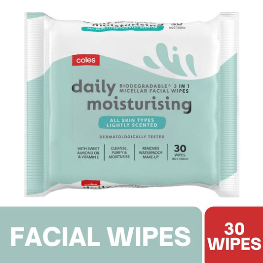 [Expiry Date: 08/06/2028] Coles Daily Biodegradable Moisturising 3-In-1 Facial Wipes 30 Pack