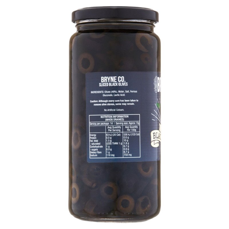 [Expiry Date: 15/09/2028] Bryne Co Sliced Black Olives 450g