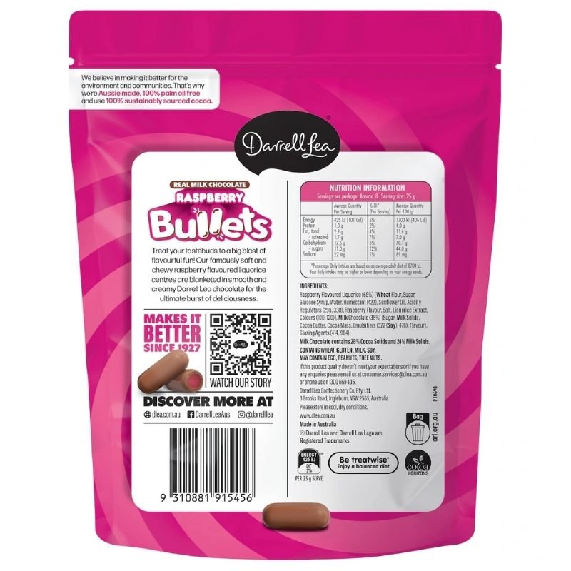 [Expiry Date: 15/06/2027] Darrell Lea Milk Chocolate Raspberry Bullets 204g