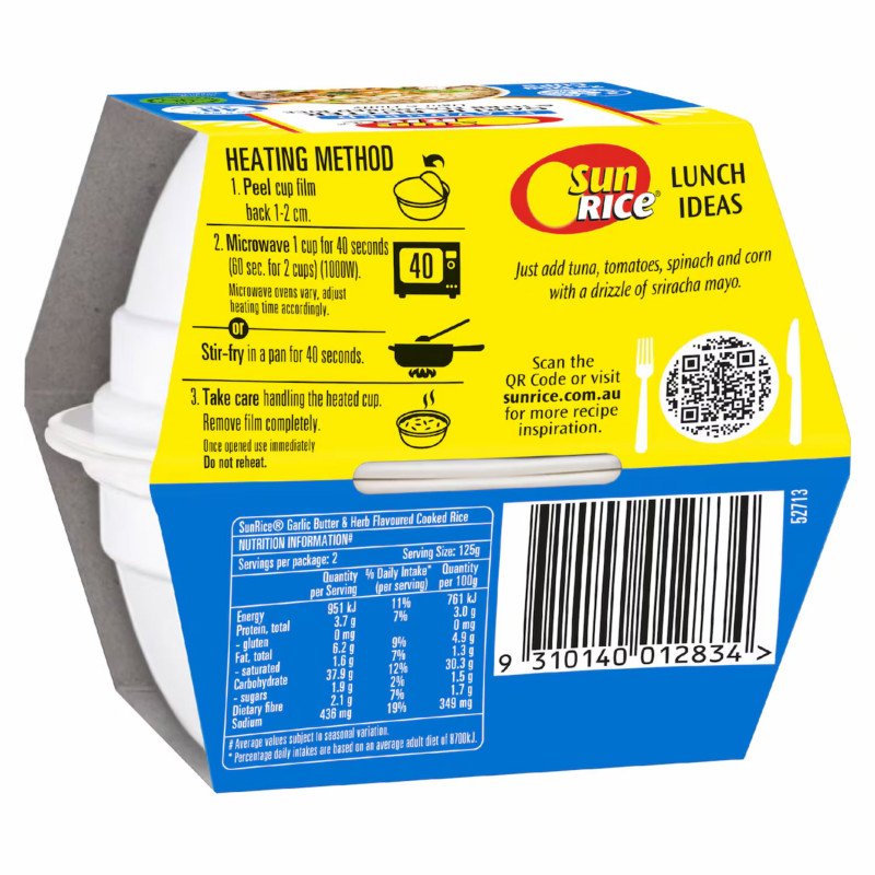 [Expiry Date: 24/01/2027] Sunrice Microwave Flavoured Garlic Butter & Herb Flavoured Rice Cups 2 x 125g