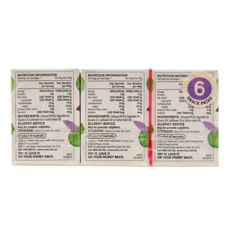 Coles Australian Sultanas 6 Snack Pack 240g