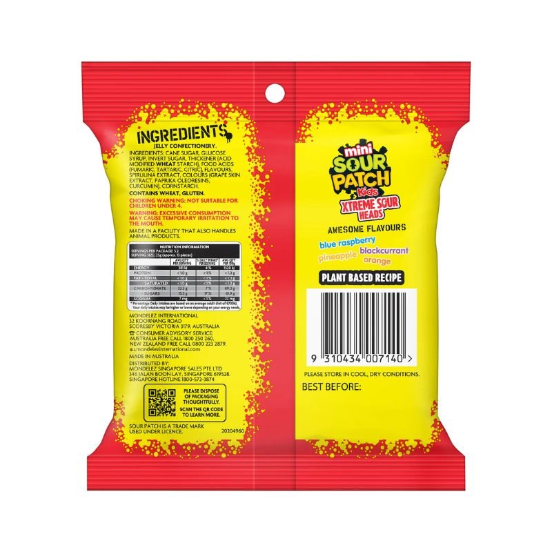 [Expiry Date: 09/01/2027] Sour Patch Kids Mini Extreme Sour Heads Lollies 80g
