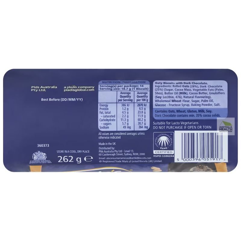 [CLEARANCE Expiry Date: 05/09/2026] Mcvitie's Hobnobs Dark Choc Oat Snap Cookie 262g