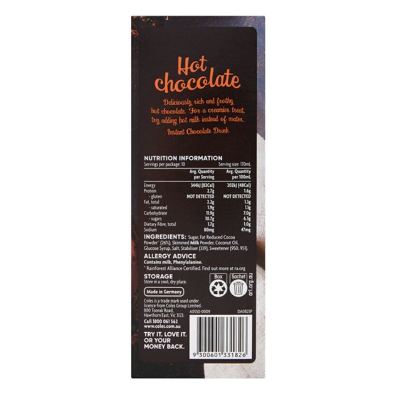[Expiry Date: 15/07/2027] Coles Hot Chocolate Sachets 10 pack