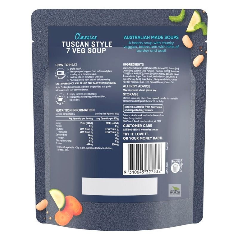 [Expiry: 06/02/2027] Coles Classics Tuscan Style 7 Veg Soup Pouch 430g