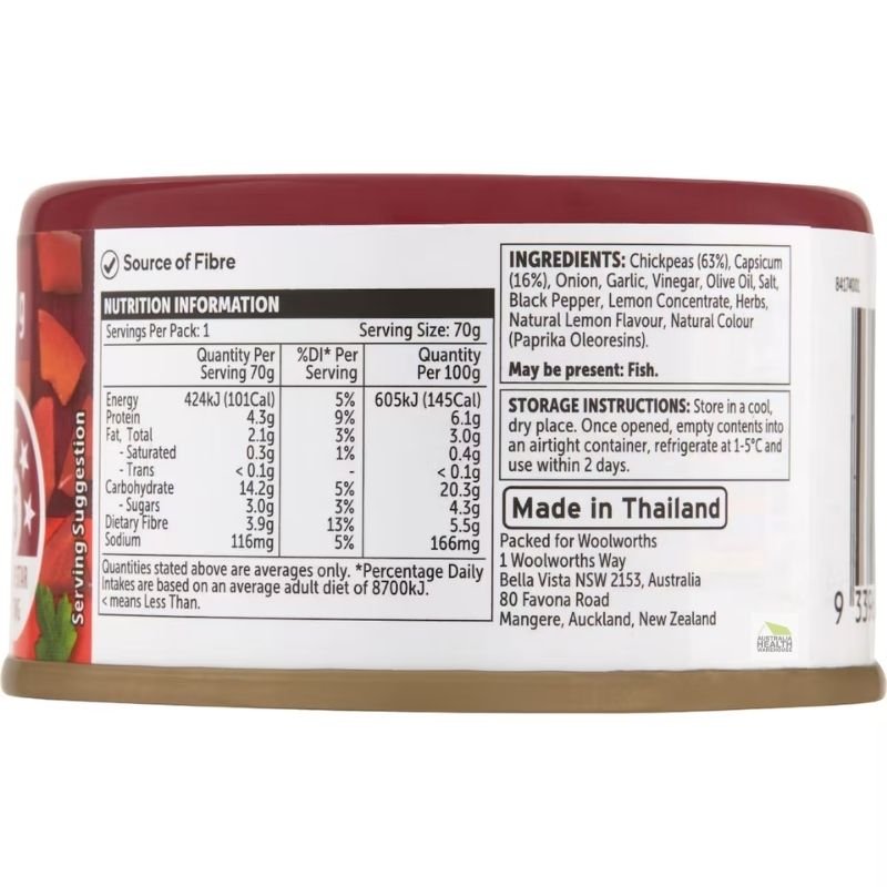 [Expiry Date: 30/04/2027] Woolworths Chickpeas with Capsicum, Lemon & Herbs 70g