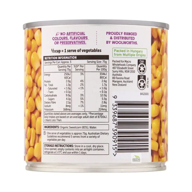 [31/08/2028] Woolworths Macro Organic Corn Kernels 340g