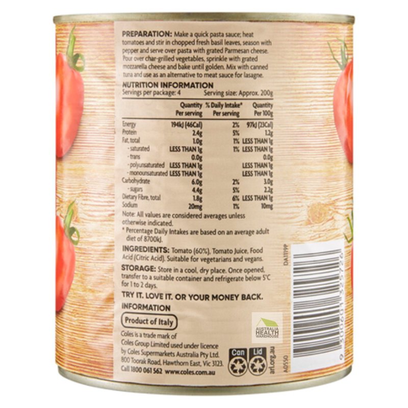 [Expiry Date: 30/07/2027]  Coles Italian Diced Tomatoes 800g