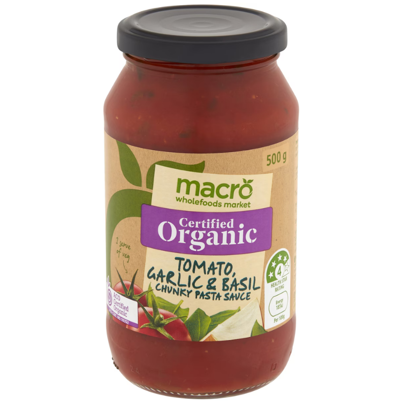 [Expiry Date: 23/01/2028] Woolworths Macro Organic Tomato, Garlic & Basil Chunky Pasta Sauce 500g