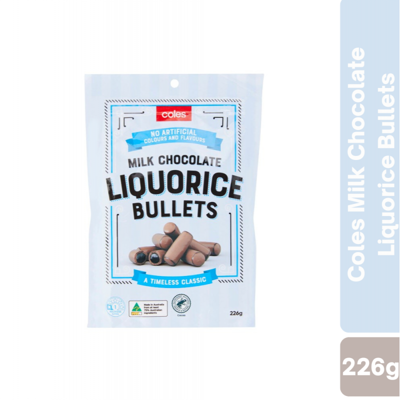 [CLEARANCE Expiry: 05/08/2025] Coles Milk Chocolate Liquorice Bullets 226g