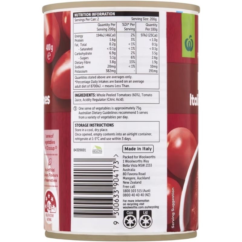 [Expiry Date: 30/04/2027] Woolworths Italian Peeled Tomatoes 400g
