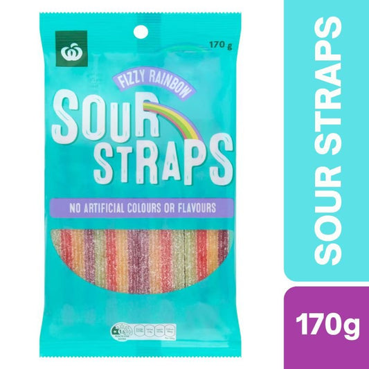 [Expiry Date: 17/10/2026] Woolworths Sour Straps Fizzy Rainbow 170g