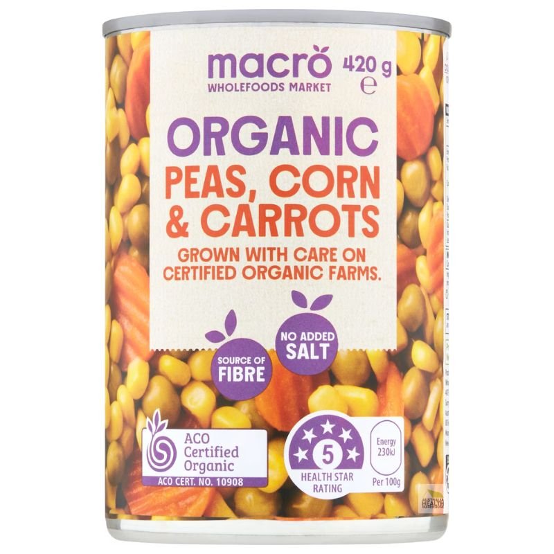 [Expiry Date: 09/2027] Woolworths Macro Organic Peas, Corn & Carrots 420g