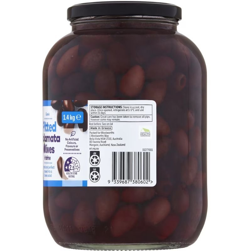 [Expiry Date: 20/12/2026]  Woolworths Pitted Kalamata Olives in Brine 1.4kg
