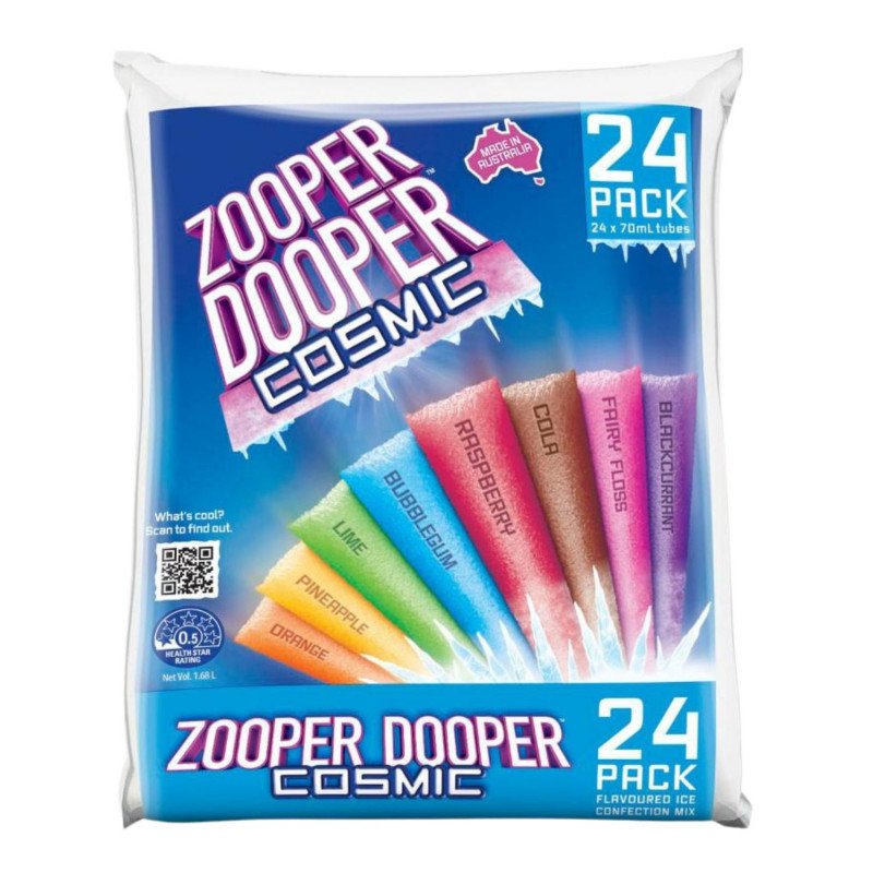 [Expiry Date: 23/12/2027] Zooper Dooper 8 Cosmic Flavours Water Ice 70mL Tubes 24 Pack
