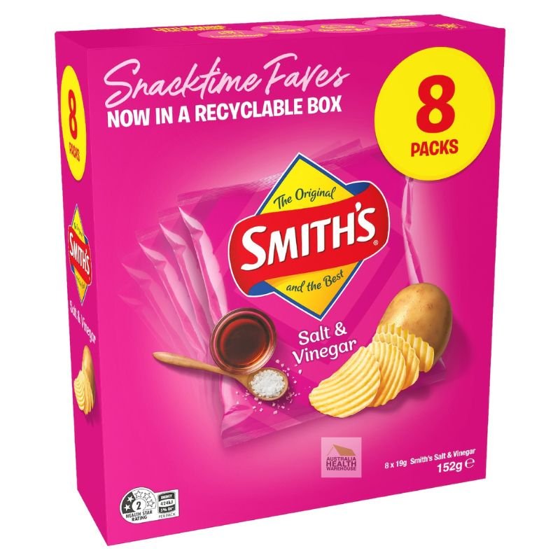 [Expiry: 01/03/2026] Smith's Salt & Vinegar Flavoured Crinkle Cut Potato Chips 8 x 19g Pack