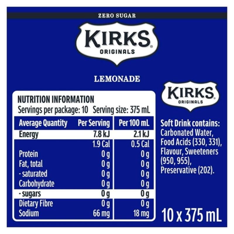 [CLEARANCE Expiry: 22/05/2026] Kirks Zero Sugar Lemonade Soft Drink Cans - 10 x 375mL