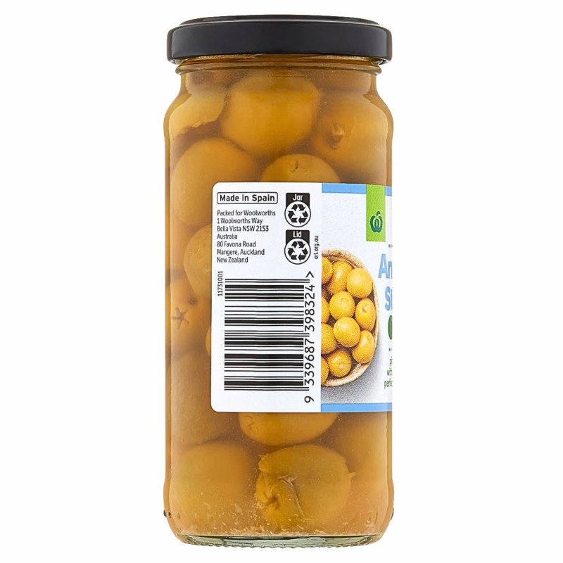 [Expiry Date: 21/04/2028] Woolworths Anchovy Stuffed Green Mediterranean Olives 230g