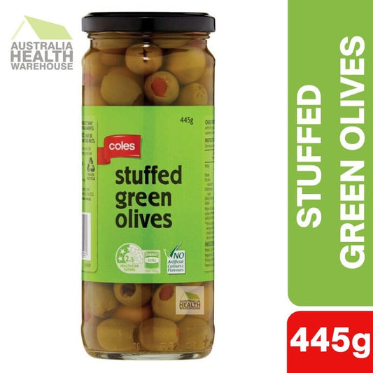 [Expiry: 26/05/2028] Coles Stuffed Green Olives 445g