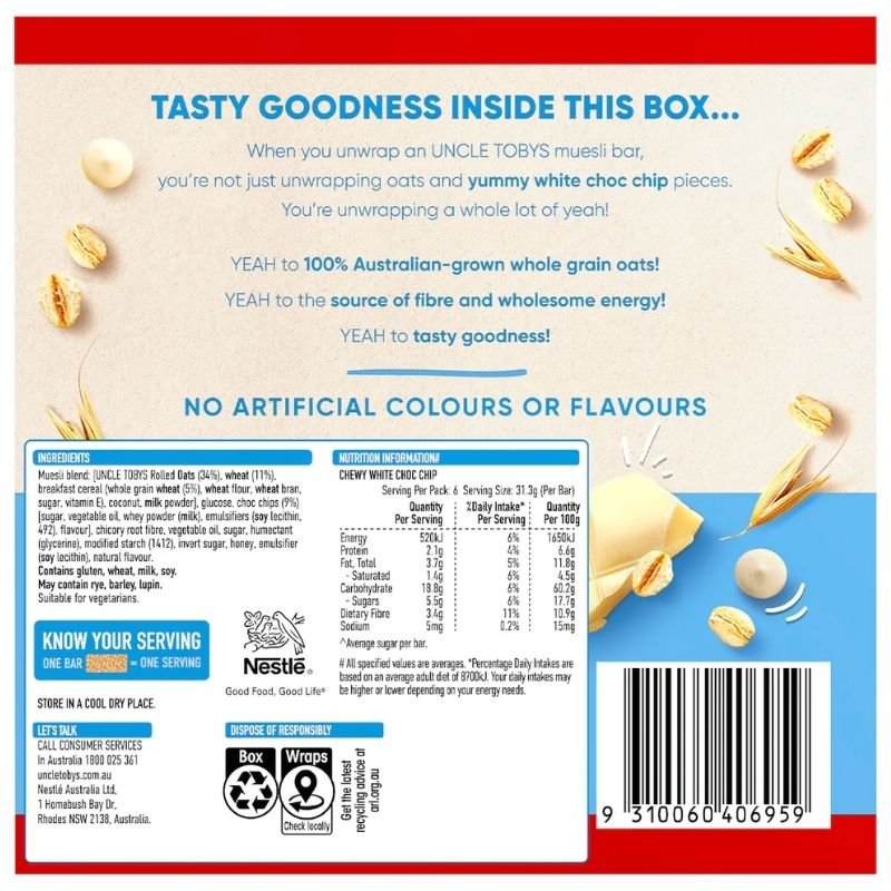 [Expiry Date: 11/01/2027] Uncle Tobys Muesli Bars Chewy White Choc Chip 6 Pack 185g