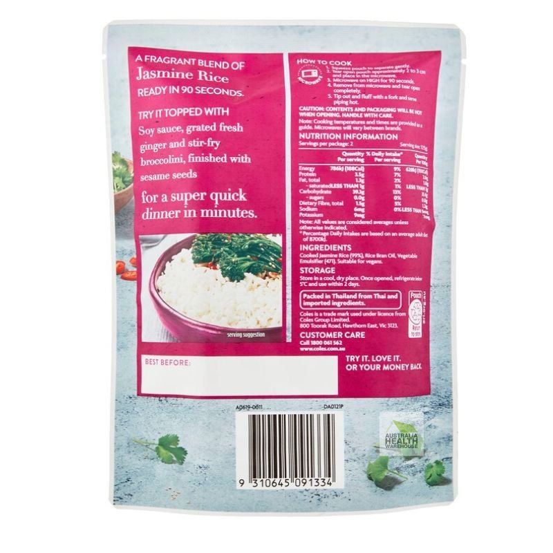 [CLEARANCE Expiry: 01/09/2024] Coles Fragrant Jasmine Microwave Rice 250g