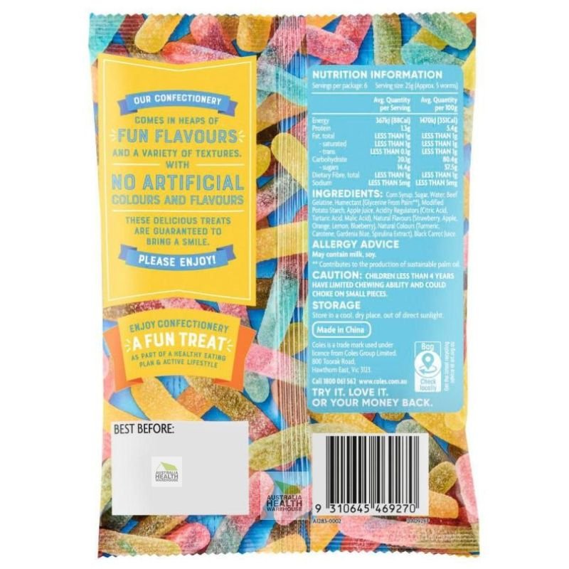 [CLEARANCE Expiry Date: 06/07/2026]  Coles Sour Worms 150g