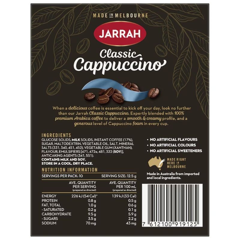 [Expiry: 23/12/2026] Jarrah Cappuccino Satchets 10 Pack 125g