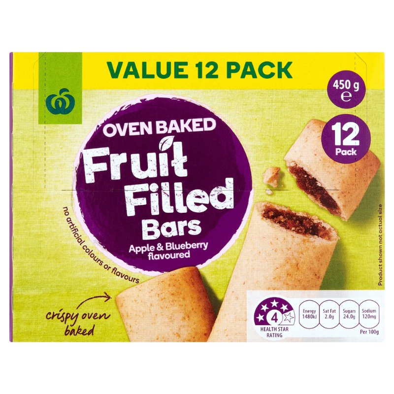 [CLEARANCE Expiry Date: 30/04/2026] Woolworths Oven Baked Fruit Filled Bars Apple & Blueberry Flavoured 12 Pack