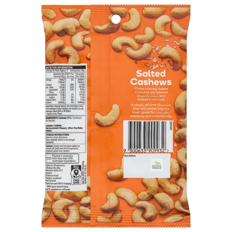 [Expiry: 29/10/2026] Woolworths Salted Cashews 200g  | Oz Mart