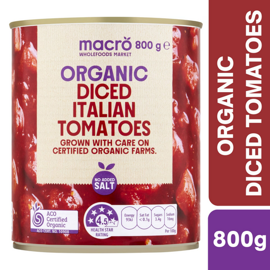 [Expiry Date: 31/07/2028] Woolworths Macro Organic Diced Italian Tomatoes 800g