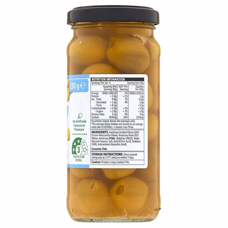 [Expiry Date: 21/04/2028] Woolworths Anchovy Stuffed Green Mediterranean Olives 230g