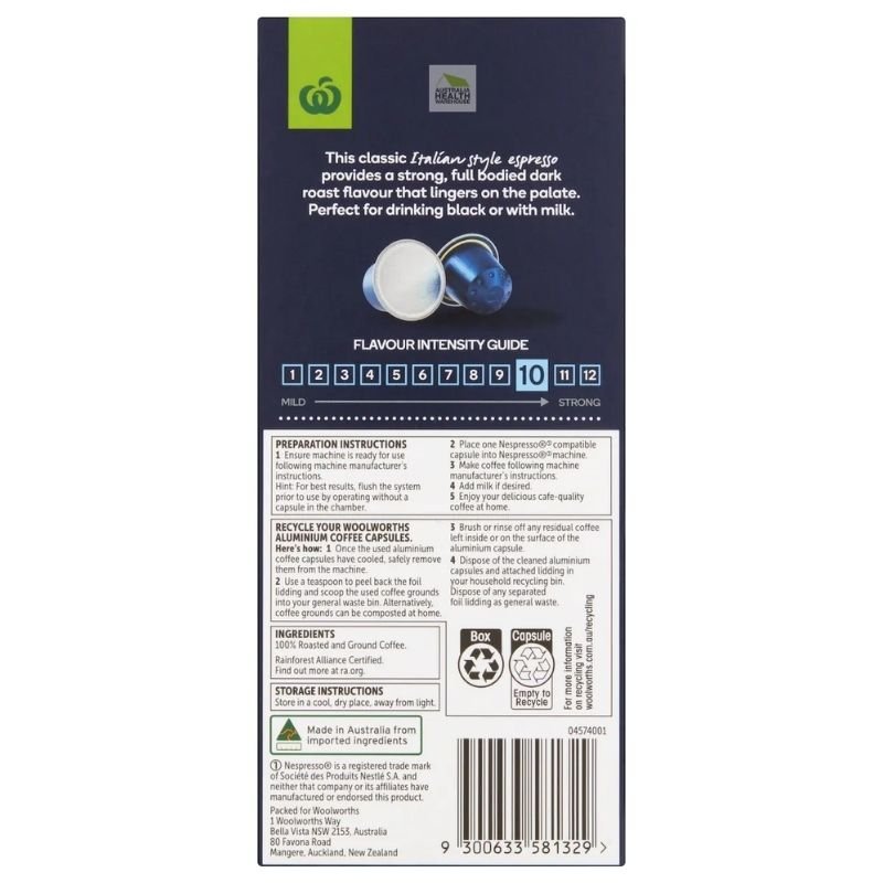 [Expiry: 01/10/2026] Woolworths Nespresso Compatible Coffee Capsules Strong 10 Pack 56g