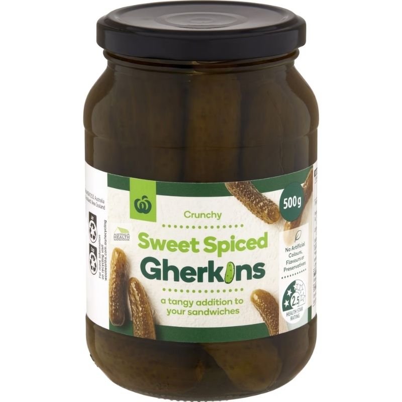 [Expiry: 21/09/2028] Woolworths Sweet Spiced Gherkins 500g