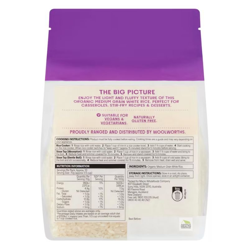 [Expiry: 03/09/2027] Woolworths Macro Organic Australian Medium Grain White Rice 750g