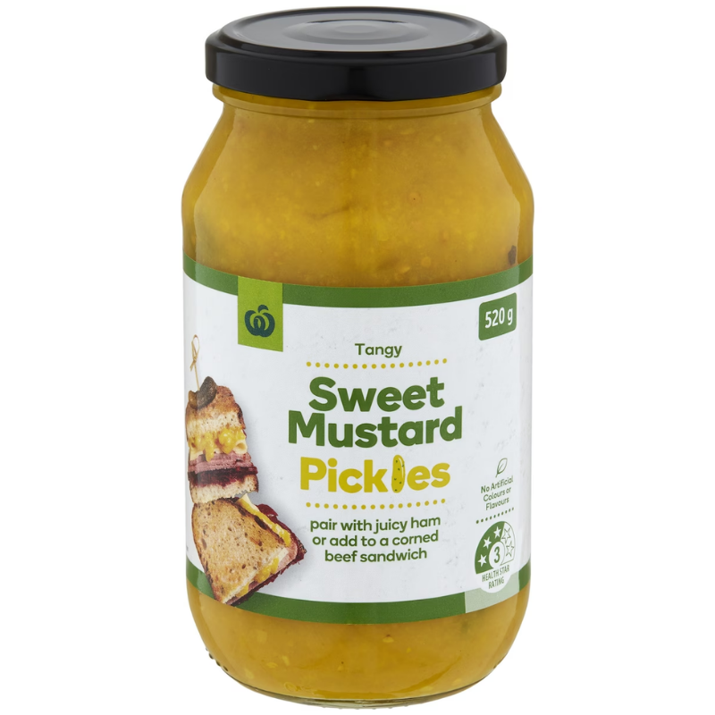 [Expiry Date: 08/01/2028]  Woolworths Sweet Mustard Pickles 520g