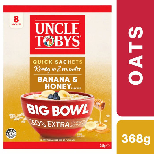 [Expiry Date: 19/03/2027] Uncle Tobys Oats Quick Sachets Banana & Honey Big Bowl Porridge 8 Pack 368g