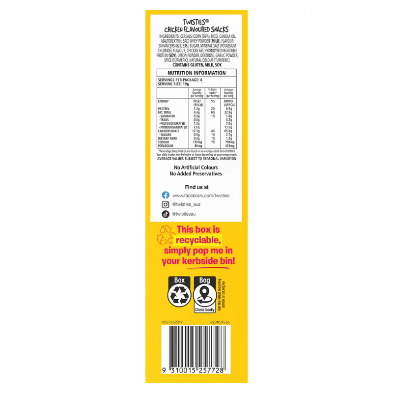 [CLEARANCE Expiry: 29/11/26] Twisties Chicken 19g x 8 Pack