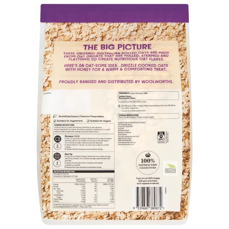 [Expiry Date: 19/02/2027] Woolworths Macro Organic Australian Rolled Oats 1Kg