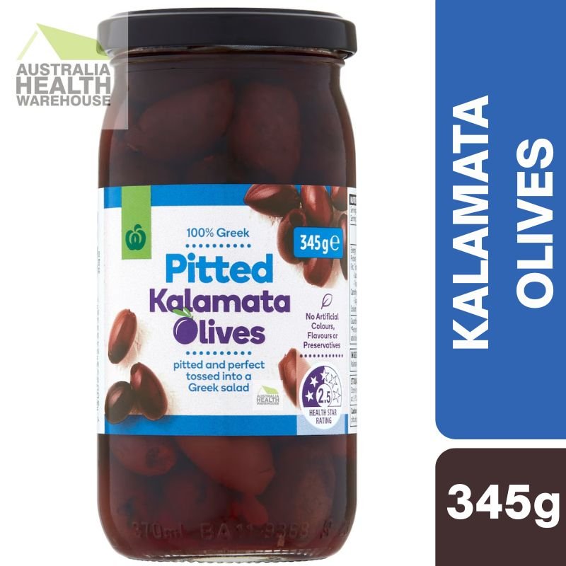 [Expiry Date: 16/10/2027]  Woolworths Pitted  Kalamata Olives 345g