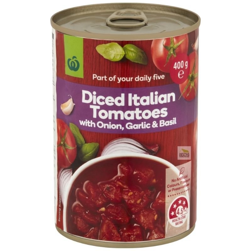 [Expiry: 31/08/2028] Woolworths Italian Tomatoes With Onion Garlic & Basil 400g