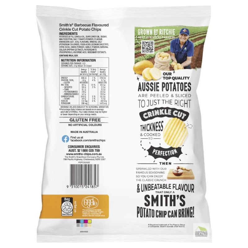 [CLEARANCE Expiry: 01/03/2026] Smith's Barbecue Flavoured Crinkle Cut Potato Chips 170g