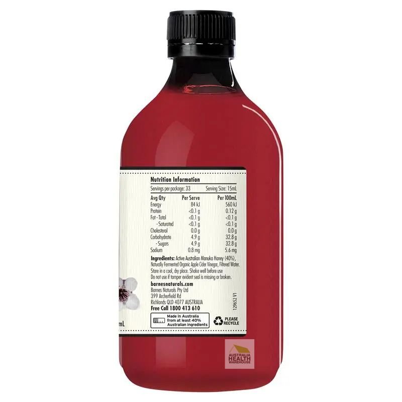 [Expiry: 02/2027] Barnes Naturals Organic Apple Cider Vinegar with the Mother + Manuka Honey 500mL