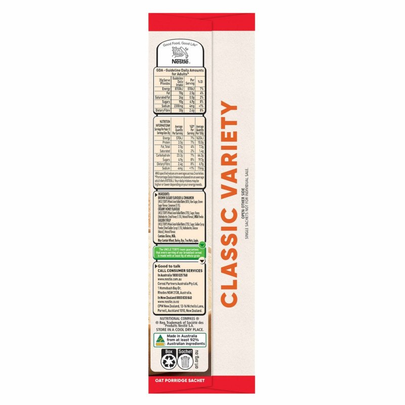 [Expiry Date: 17/02/2027] Uncle Tobys Oats Quick Sachets Classic Variety Porridge 10 Pack 350g